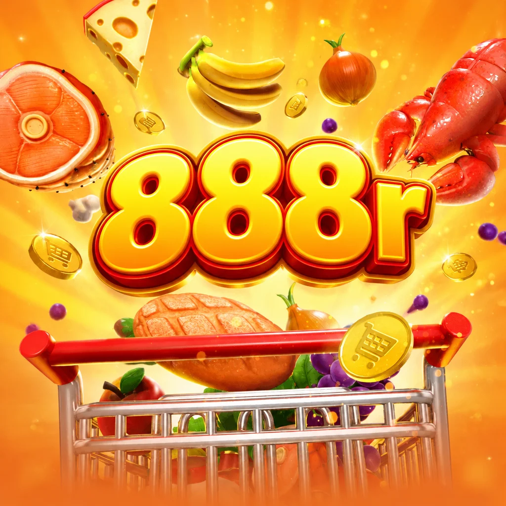 Logo 888r dengan latar belakang tema Supermarket Spree yang menampilkan troli belanja dan aneka makanan